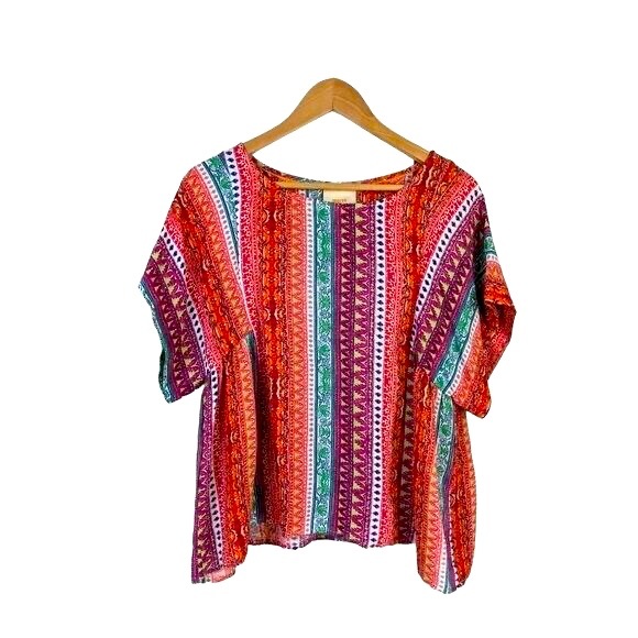 MAEVE ANTHROPOLOGIE Milla Boho Top Vibrant Multi Colour Short Sleeves Loose Fit - Picture 5 of 8